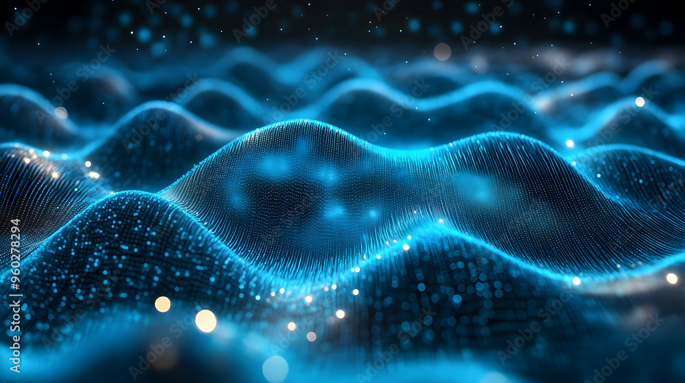 Poster abstract representation of waves with glowing particles.