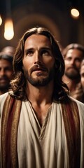 Fototapeta premium Jesus Christ stands amidst a diverse assembly, conveying a message of hope and faith, surrounded by attentive followers. Religion Christianity. Faith, hope, love and wisdom. Generative AI