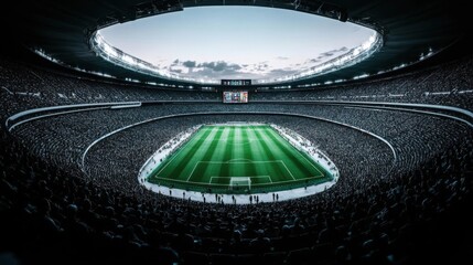 Sports event in a large stadium, packed seating, and vibrant atmosphere, stadium landscape seating sports, dynamic crowd,  no blur, photo not dark, everything is clear, copy space