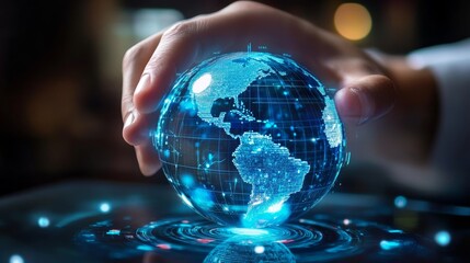 A futuristic hand holds a digital globe, symbolizing technology and global connectivity in a modern world.