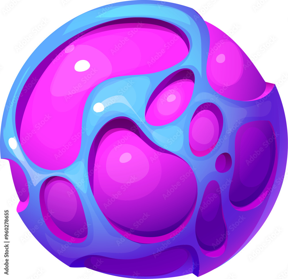 Poster cartoon fantasy galaxy alien pink and blue space planet with glossy texture, bright colors and smoot