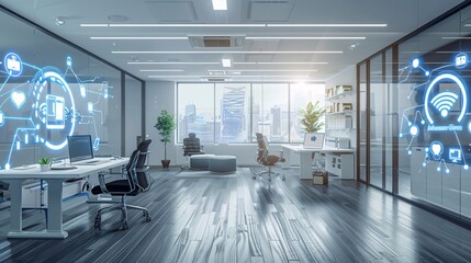 Modern Smart Office with Futuristic Technology Interface