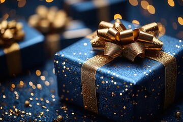 Chic Gifts Tied with Golden Ribbons and Bows Highlighted Against a Bold Blue Background