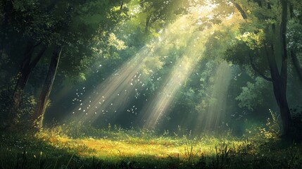 Obraz premium A serene forest scene with beams of sunlight filtering through lush foliage, creating a peaceful atmosphere in nature.