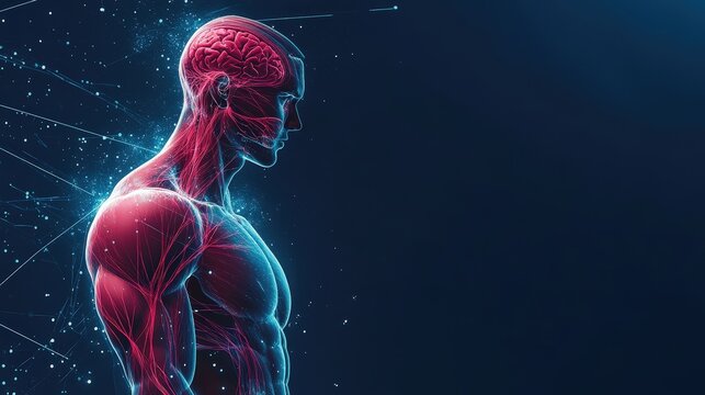 Muscular physique demonstration through comprehensive training program on blank slate background with copy space