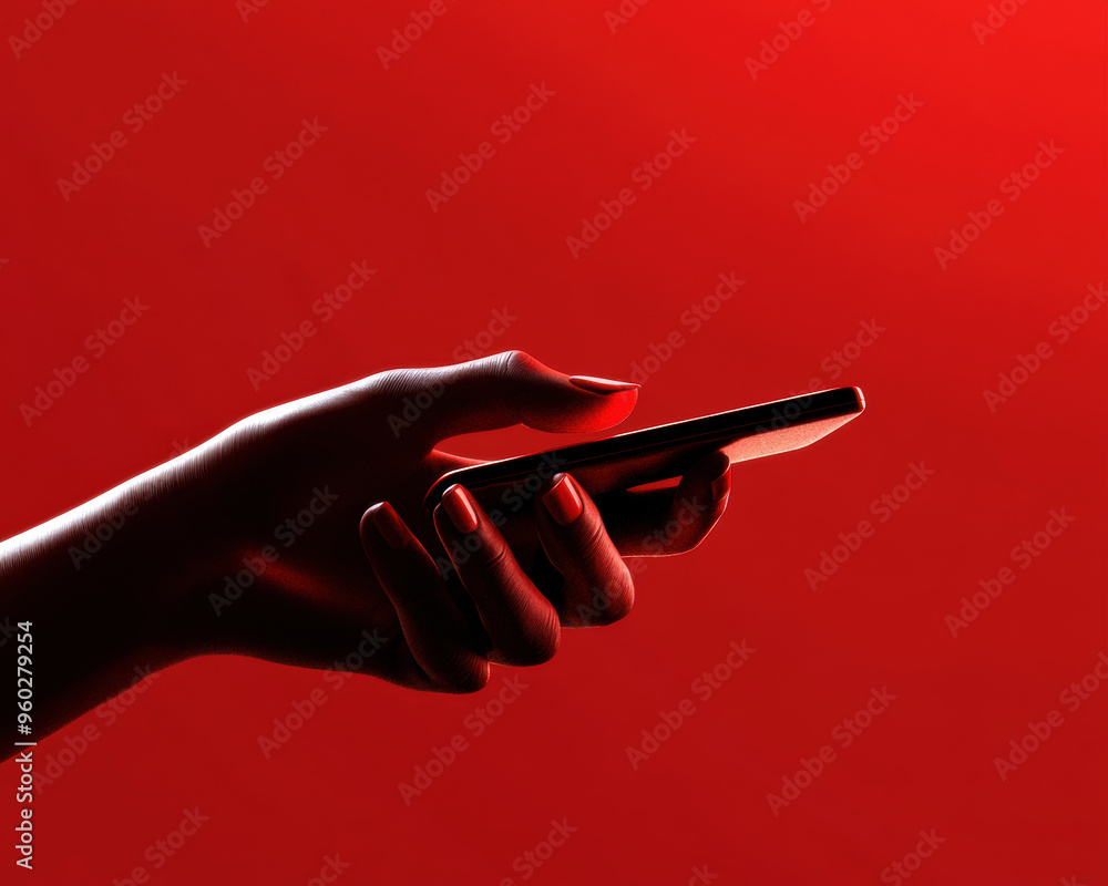 Aufkleber a hand holding a cell phone in a red background. the hand is in a shadow, and the phone is the only 