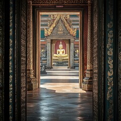 Fototapeta premium The Reclining Buddha seen through an ornate doorway at Wat Pho, capturing a moment of spiritual reverence.