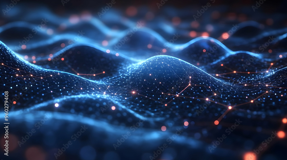 Poster abstract visualization of waves with glowing particles and connections.