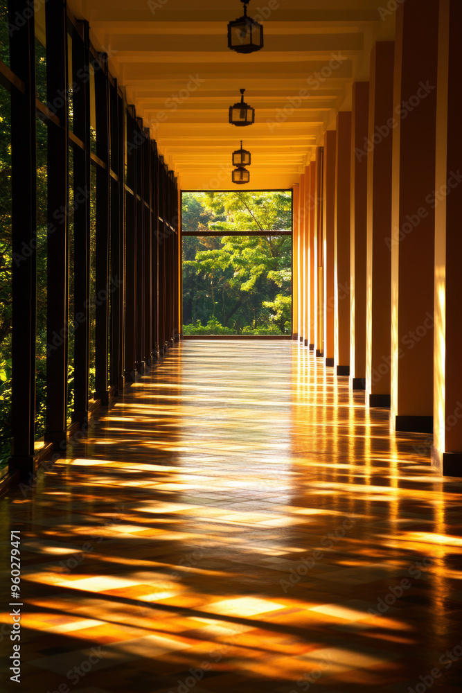 Poster a long hallway with a window in the middle. the sunlight is shining through the window, creating a w