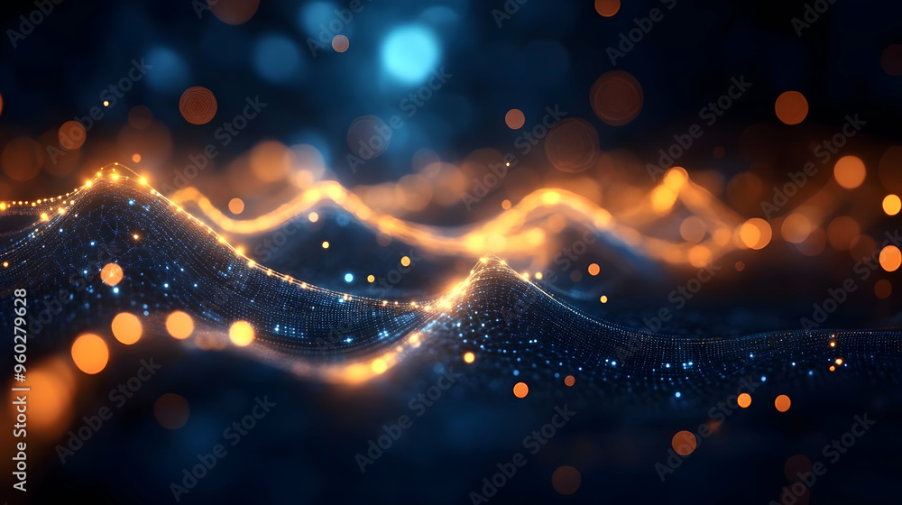 Poster abstract wave pattern with glowing lights on a dark background.