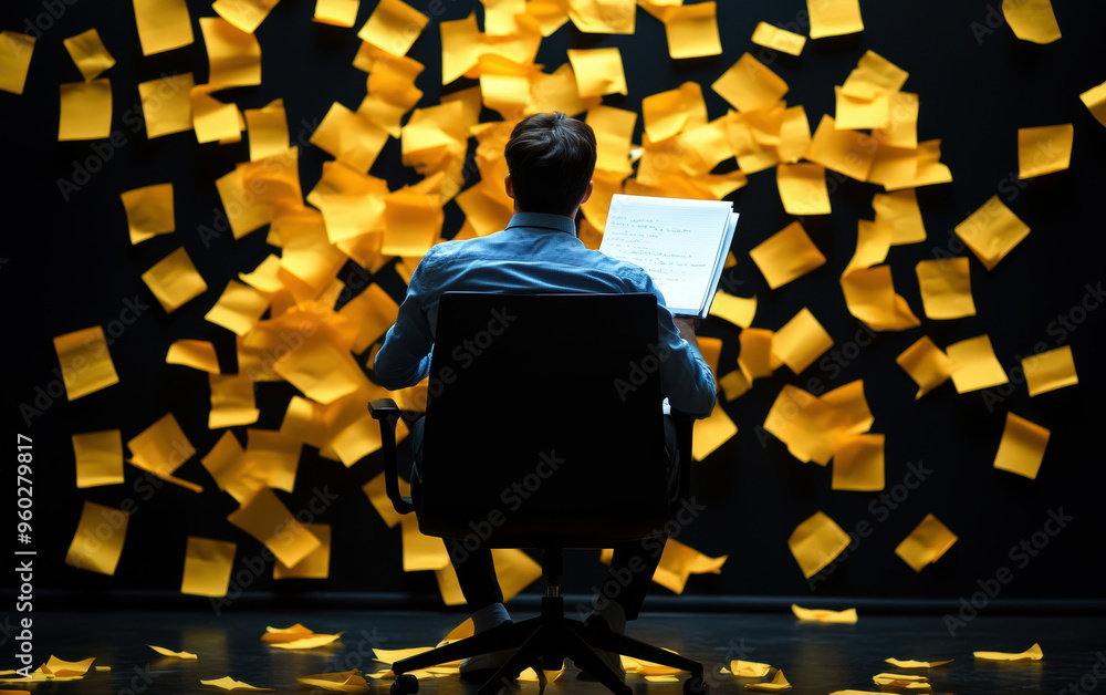 Poster a man sits in a chair with a stack of yellow paper on the floor behind him. the paper is scattered a