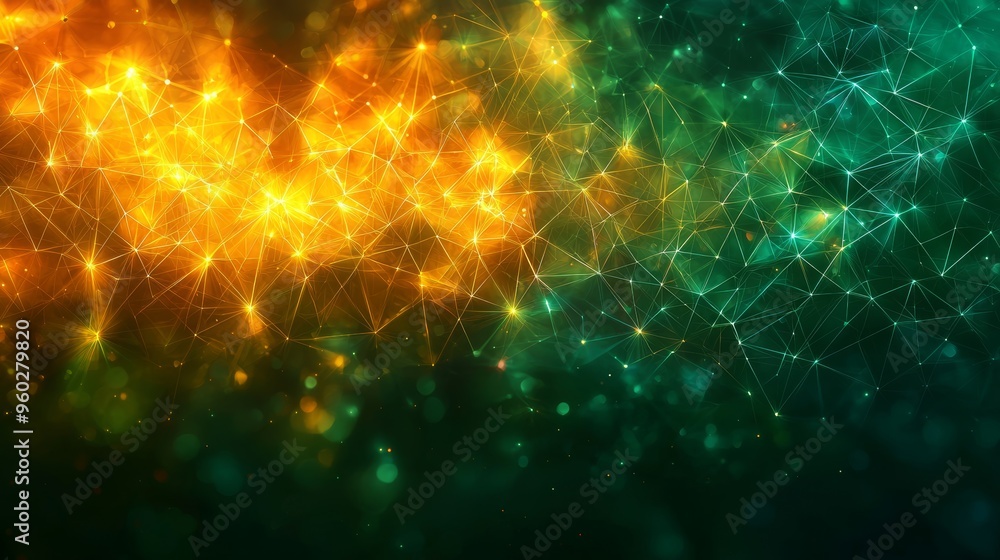 Poster colorful abstract digital art with glowing particles and interconnected lines on a dark background