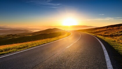 Fototapeta premium Bright sunrise illuminating a winding road, symbolizing the start of a new path beginning journey way