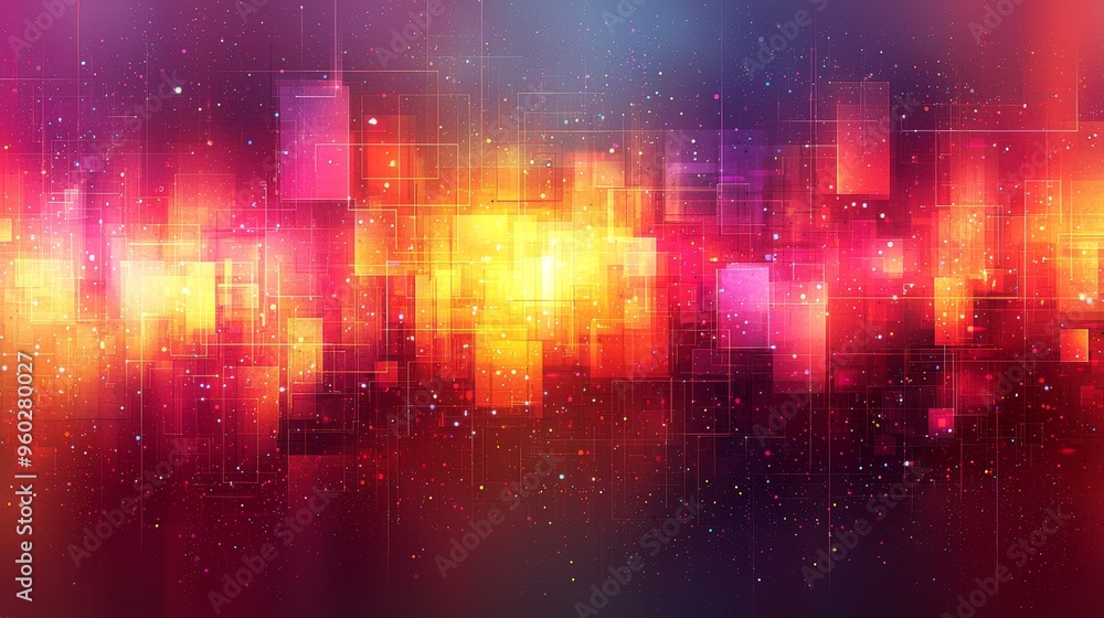 Poster vibrant abstract design featuring colorful geometric shapes against a cosmic background in a playful