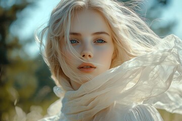 A Slavic blonde-haired girl with blue eyes in nature, wearing a transparent scarf flowing in the wind and white linen clothing, capturing the lightness and beauty of a young woman.
