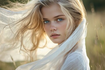 A Slavic blonde-haired girl with blue eyes in nature, wearing a transparent scarf flowing in the wind and white linen clothing, capturing the lightness and beauty of a young woman.
