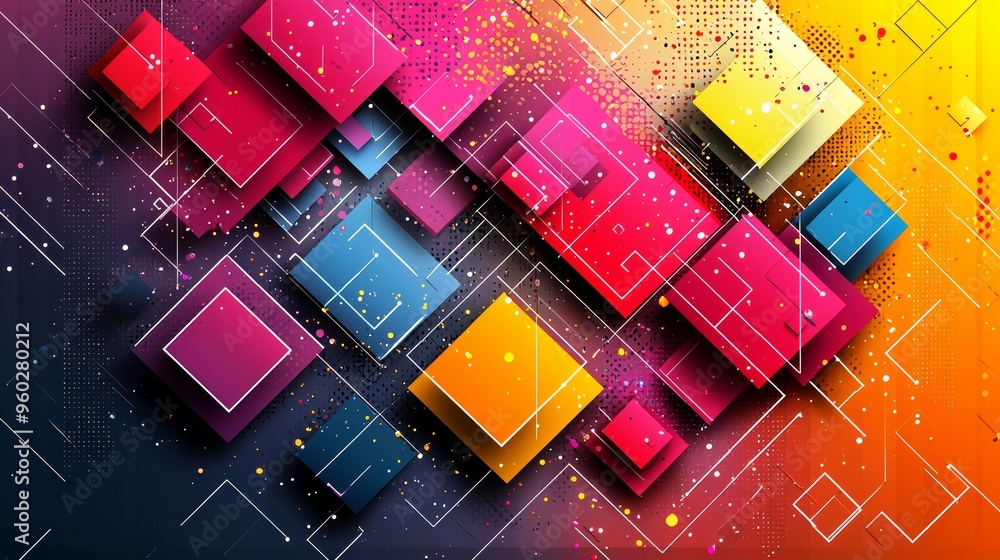 Poster colorful abstract geometric design featuring layered squares with vibrant hues on a gradient backgro
