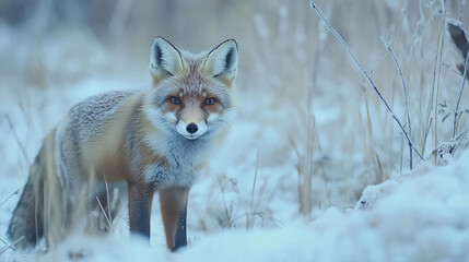 Red fox standing alert in a frosty winter field, surrounded by frozen vegetation and misty wilderness, showcasing wildlife and nature in a cold environment