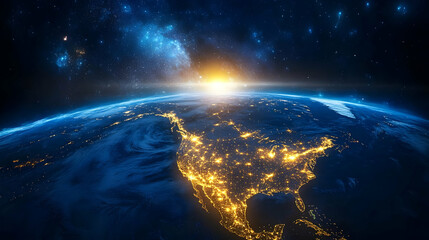 Aerial view of Earth at night with city lights and sunrise.