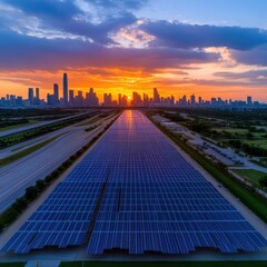 Fototapeta premium Stunning aerial view of solar panels at sunset with a city skyline, showcasing renewable energy and modern technology.