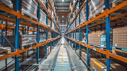 Fototapeta premium Industrial Warehouse with High Shelving and Conveyor System