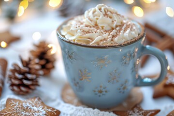 A winter-themed blue mug filled with whipped cream-topped hot chocolate, surrounded by pinecones, gingerbread cookies, and festive bokeh lights.