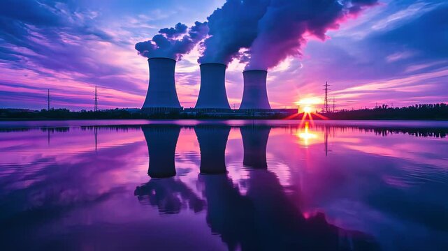 A nuclear power plant with its reflection in a lake at dusk