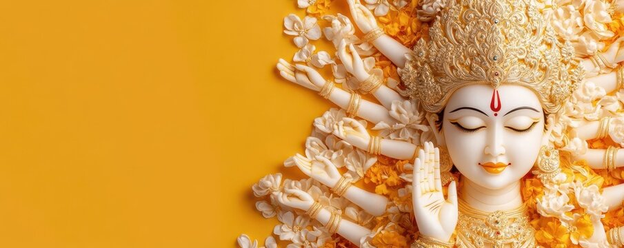 Close-up of Hindu goddess Durga with closed eyes and multiple arms.