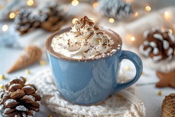 A winter-themed blue mug filled with whipped cream-topped hot chocolate, surrounded by pinecones, gingerbread cookies, and festive bokeh lights.
