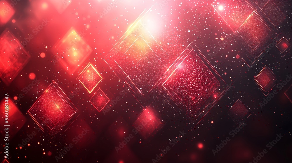 Poster vibrant red geometric shapes with sparkling effects against a dark background create a dynamic abstr