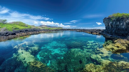Obraz premium The serene beauty of a Galapagos island, with clear waters and a dramatic volcanic landscape.