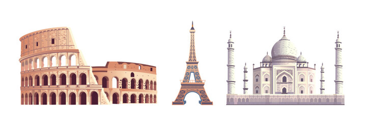 Naklejka premium Famous buildings: eiffel tower, coliseum, taj mahal. Hand drawn vector Illustration.