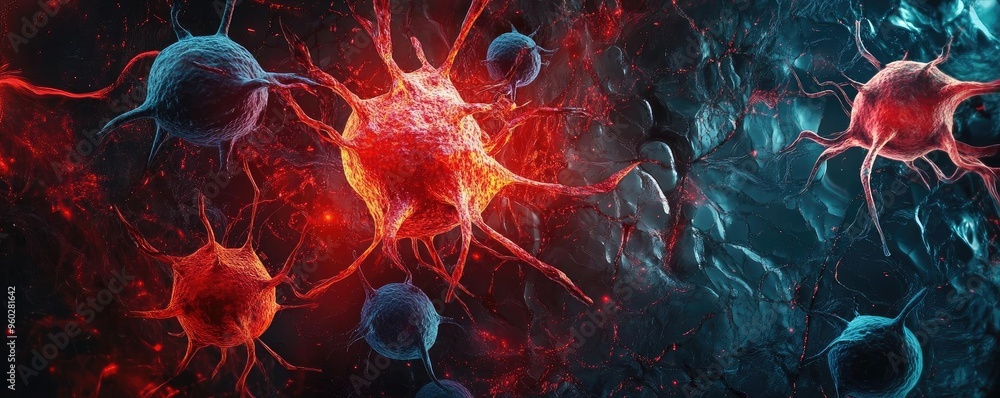Poster close-up view of vibrant cells in a colorful background, showcasing the intricate details of cellula
