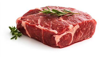 Obraz premium Fresh cut beef steak with herbs on a white background, perfect for grilling or cooking at home