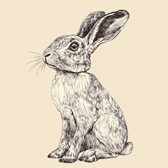 Obraz premium Detailed black-and-white illustration of a hare sitting upright with alert posture, perfect for wildlife-themed art or vintage animal illustrations, featuring intricate fur texture and nature-inspired