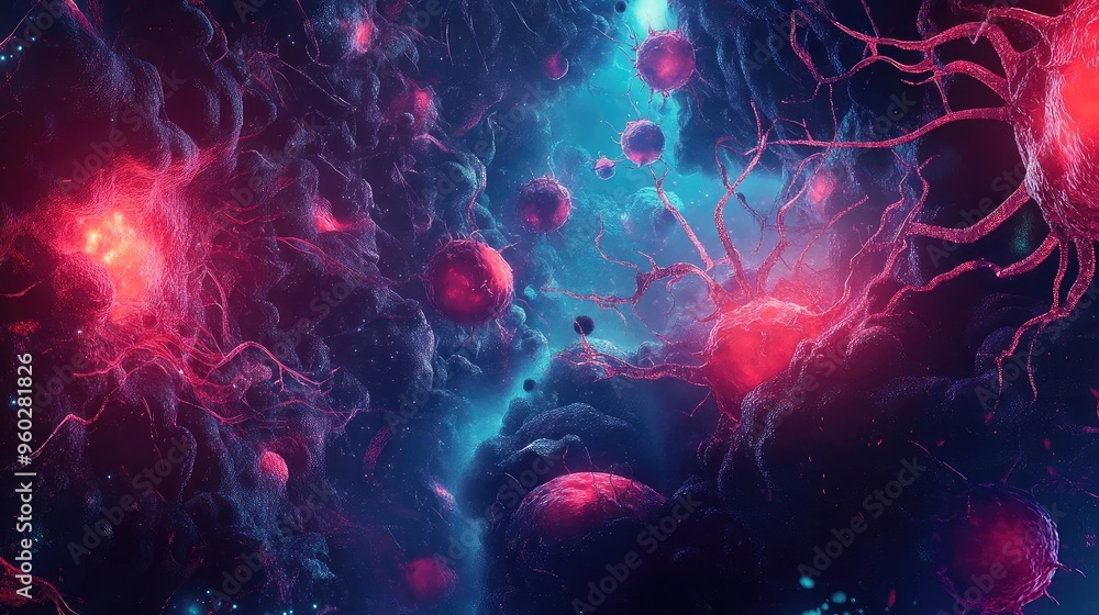 Poster abstract representation of cellular structures with vibrant colors, showcasing a mix of light and en