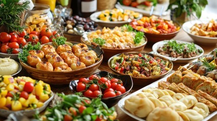 Obraz premium Natural food (various cuisines) Different food cooked on a wooden table Food backgrounds: table filled with large variety of food 