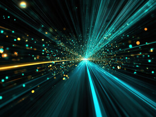 Obraz premium A bright blue and yellow light streaking through the sky. The light is surrounded by a multitude of small, glowing dots. Concept of movement and energy, as if the light is racing through the sky