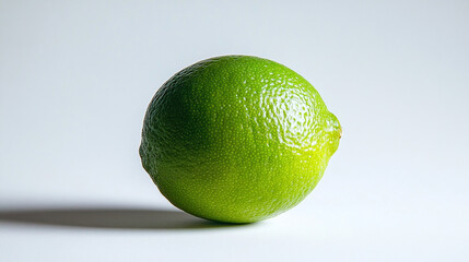A fresh green lime rests on a smooth white surface, showcasing its vibrant texture and color under soft lighting