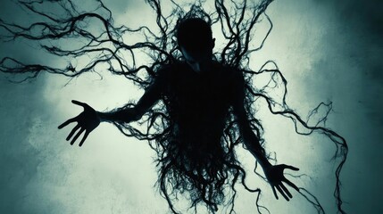 A mysterious silhouette emerges with tangled roots, symbolizing struggle, darkness, and the connection to the unknown.