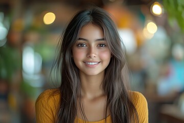 Obraz premium Excited Indian Teen Girl Sitting at a Table Showing Off or Pointing Out Something