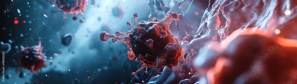 Poster close-up view of a virus particle in a dynamic, colorful environment, representing microbial life an