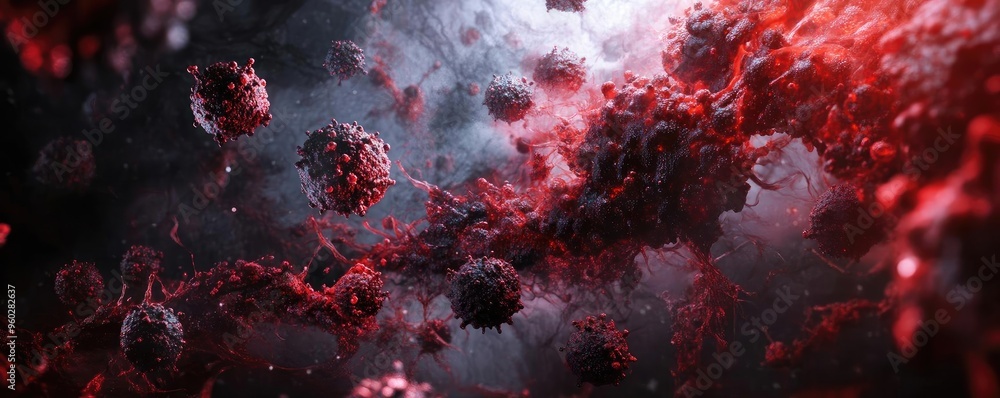 Poster abstract visualization of pathogens in motion, showcasing intricate details and vibrant colors in a 