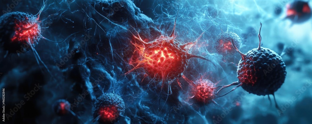 Poster close-up of vibrant microorganisms illuminated in blue light, showcasing intricate details and uniqu