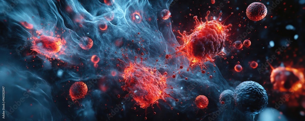 Poster abstract representation of cellular activity, showcasing vibrant colors and organic shapes in a capt