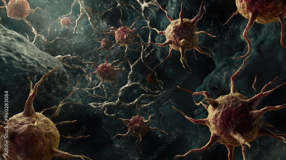 Poster microscopic view of vibrant cells showcasing intricate structures and biological detail in an abstra