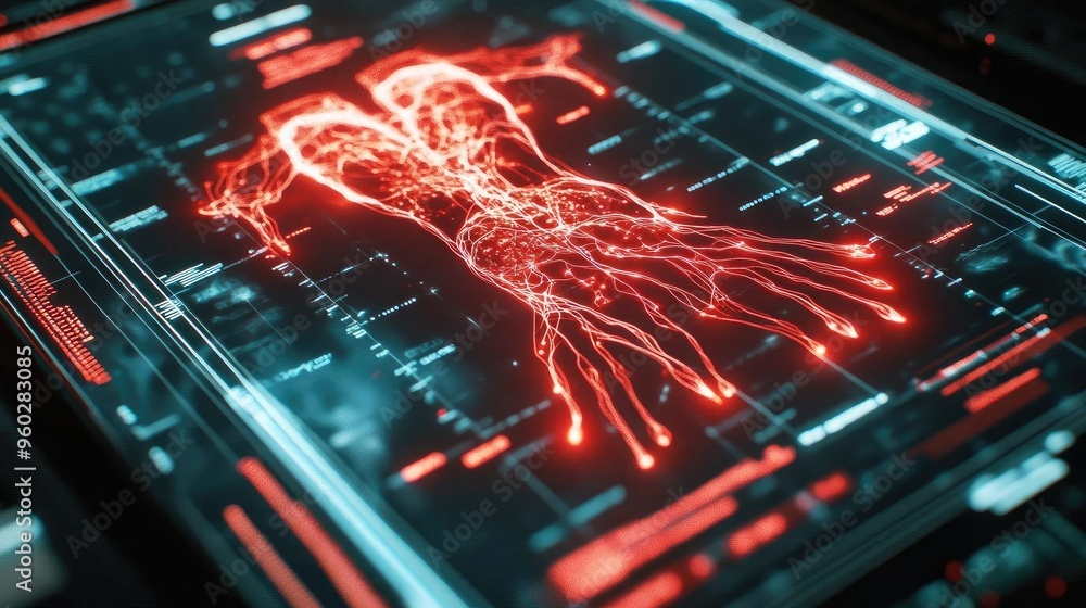 Poster high-tech visualization of a human hand, interpreting anatomy through glowing red graphics on a mode
