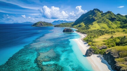 Obraz premium The stunning coastline of the Mamanuca Islands with white sandy beaches and turquoise waters.