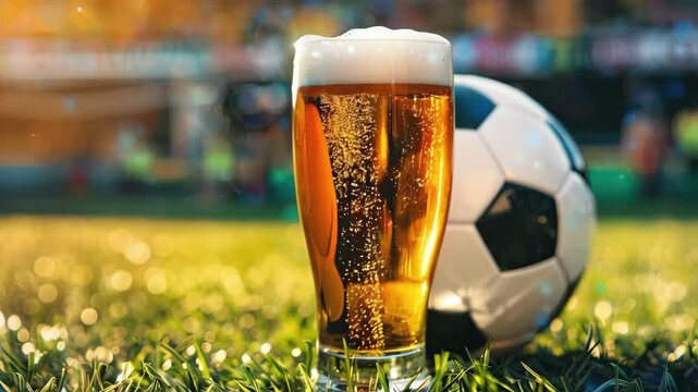 A glass of fresh beer and a soccer ball are set against the backdrop of a stadium at sunset, capturing the essence of relaxation and enjoyment amidst the excitement of the game &ndash; AI animation, 4k vide