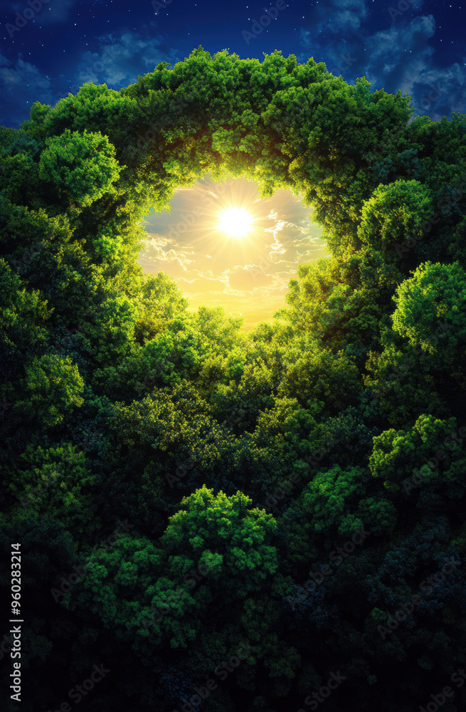 Poster a large green tree with a hole in the middle of it. the hole is surrounded by trees and the sun is s